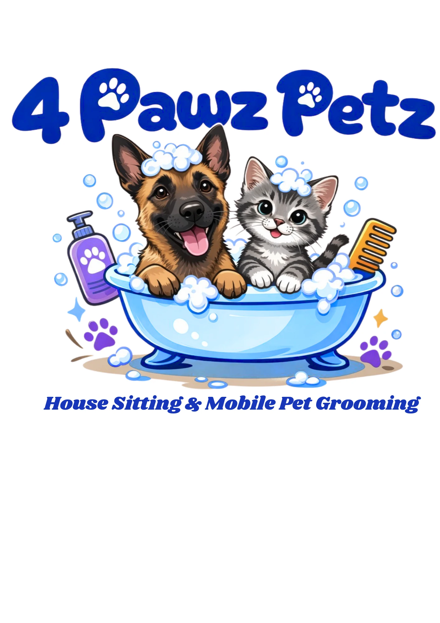 4 Pawz Petz logo: a dog and a kitten in a bubble bath. House Sitting and Mobile Pet Grooming.